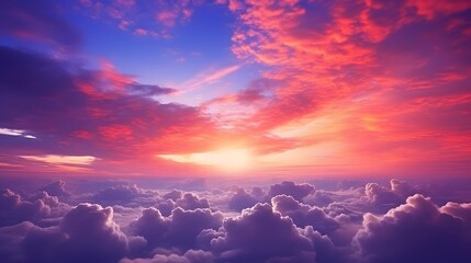 Panorama view red and purple sunset sky. Beautiful cloudscape in heaven sky. Nature background. Golden and dark fluffy clouds with sunlight. Beautiful clouds layer. Majestic sky for wallpaper. 
 - obrazy, fototapety, plakaty