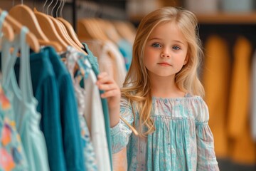 A young girl with windswept hair stands in a fashion store, holding a stunning blue dress, her face radiating excitement and anticipation for the perfect outfit
