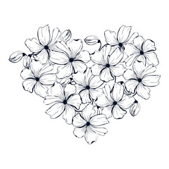 Line art poppies flower hearts background, hand drawn floral elements for Valentines day. Vector illustrations for card or invitations.