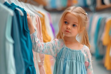 A curious young girl with blue eyes admires the colorful dresses hanging on the indoor clothing rack, her tiny toddler hands reaching out to touch the fabric as she imagines herself wearing them