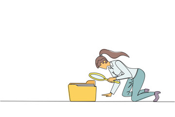 Single one line drawing of businesswoman holds magnifying glass highlighting folder icon. Look for old files are still important to move to a safer place. Continuous line design graphic illustration