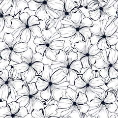 Floral ink hand drawn design. Poppies line art flower, seamless pattern for textile, scrapbook , wallpaper. Vector background