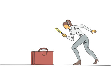 Continuous one line drawing businesswoman holding magnifying glass highlights the briefcase. Immediately tidied up his briefcase to go on a business trip. Single line draw design vector illustration