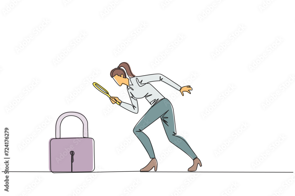 Poster continuous one line drawing businesswoman holds magnifying glass look at padlock. looking ways to pr