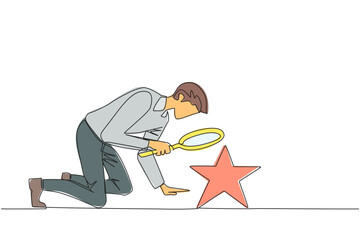 Single continuous line drawing of businessman holds magnifying glass highlighting stars. The high star is the ultimate goal of the business level. Reach dreams. One line design vector illustration
