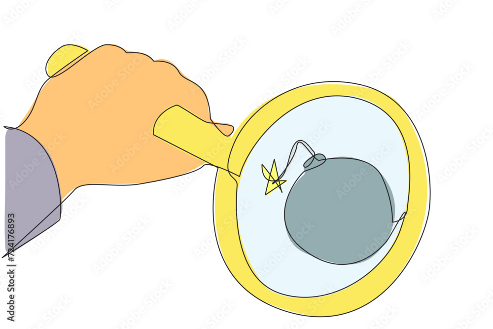 Poster continuous one line drawing big hand holding magnifying glass highlighting bomb with a burning fuse.