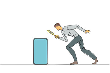 Single continuous line drawing businessman holds magnifying glass highlighting smartphone. Take advantage of latest technology for convenience of doing business. One line design vector illustration