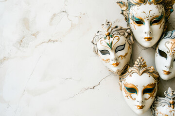 Venetian masks on one side on veined marble background with copy space. Carnival concept.