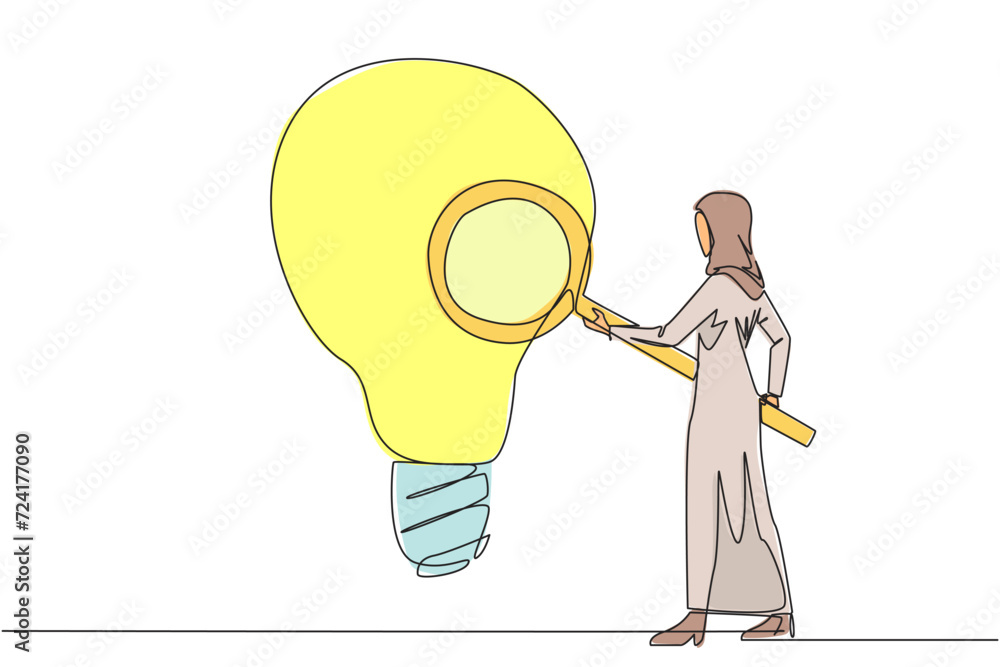 Poster continuous one line drawing arab businesswoman stood holding the magnifier and checked big open book