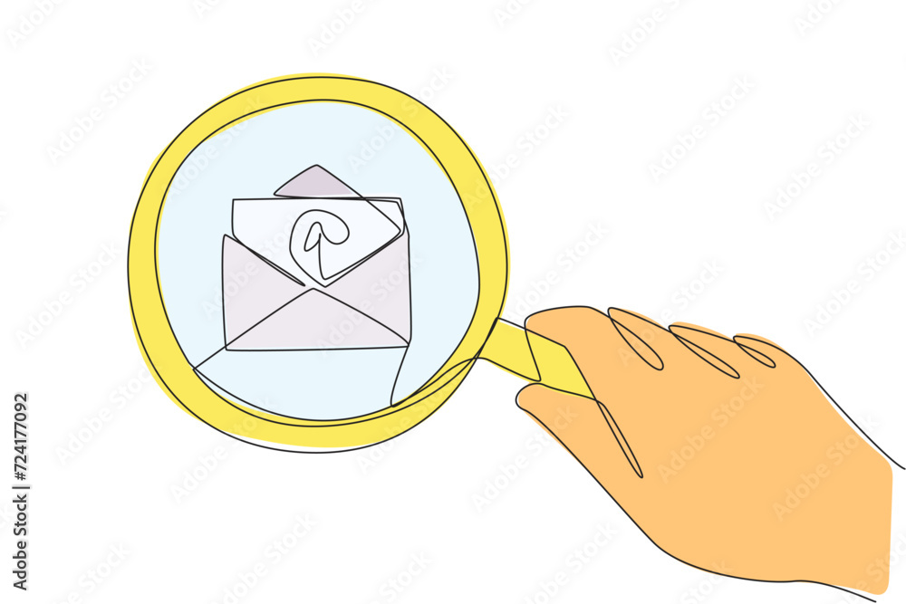 Poster continuous one line drawing big hand holding magnifying glass highlights the email icon. observe and
