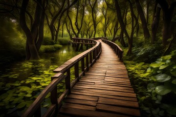 Obraz premium A boardwalk in a green oasis of a park, where the gentle rustling of leaves and the chirping of birds accompany your stroll.