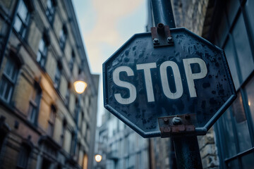 Halt und Verfall: Heruntergekommenes Schild mit der Aufschrift 'STOP' verströmt nostalgische Authentizität und erzählt Geschichten vergangener Zeiten. - obrazy, fototapety, plakaty