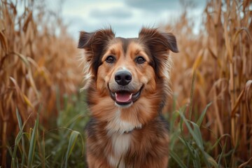 A majestic australian shepherd stands proudly in a vast field of golden grass, exuding loyalty and companionship as a faithful pet and beloved mammal