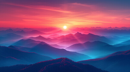 Mountain range with visible silhouettes through the morning colorful fog.