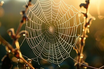 Nature's delicate artwork, a spider's glistening web adorned with dew, invites us to marvel at its intricacy and beauty in the peaceful outdoors