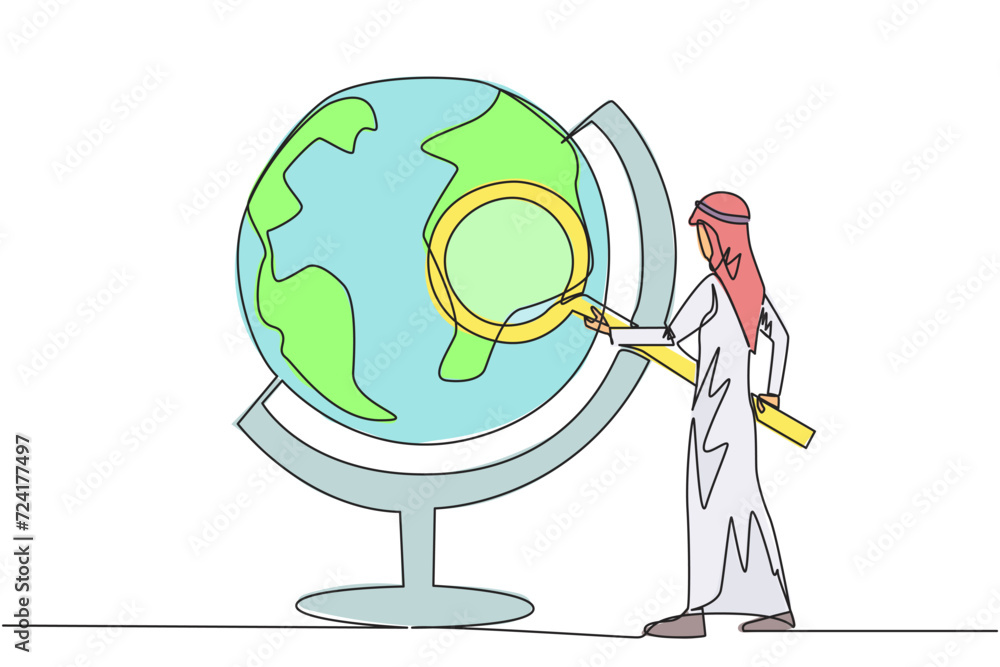 Poster single continuous line drawing of arabian businessman stood holding magnifier and inspected the glob