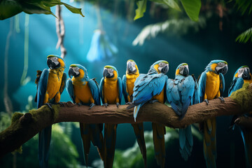 Blue Macaw parrots. World Wildlife Day. Group of wild animals on nature background.
