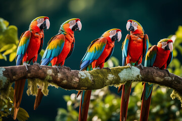 Macaw parrots. World Wildlife Day. Group of wild animals on nature background..Macaw parrots. World...