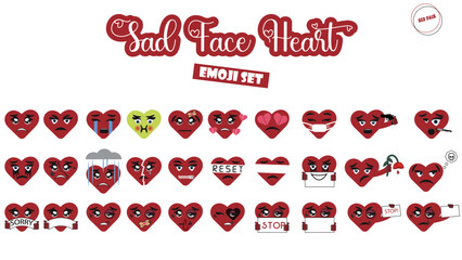 Set of emoji sad heart. Red heart collection isolated on white background. Depressive emoji. Single emoji. Emoticons collection. love symbol. broken heart. domestic violence. concept - Stock vector
