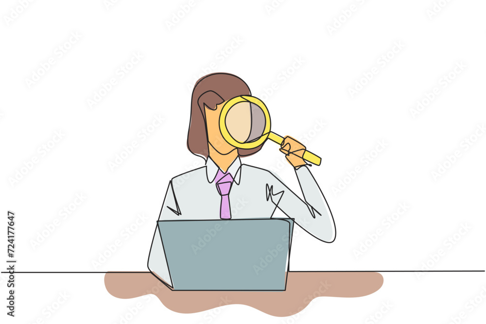 Poster single continuous line drawing of businesswoman is typing in front of a laptop computer holding a ma