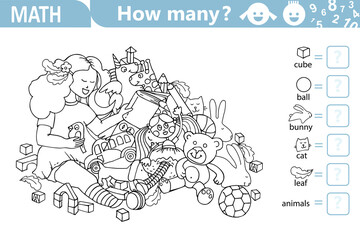 Obraz premium Counting math game for kids. Girl with Pile of Toys. Educational math puzzle. Coloring page. Count how many hidden objects are in the picture and write the result. Sketch vector illustration