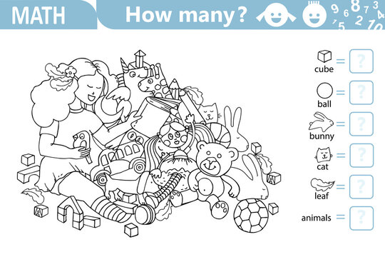 Counting math game for kids. Girl with Pile of Toys. Educational math puzzle. Coloring page. Count how many  hidden objects are in the picture and write the result. Sketch vector illustration