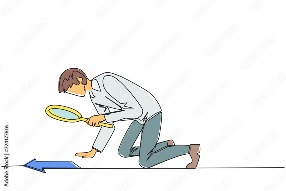 Poster continuous one line drawing of businessman looked down checking arrows with magnifier. check the dir