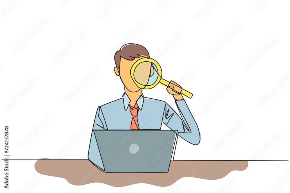 Poster single continuous line drawing of businessman is typing in front of a laptop computer holding a magn