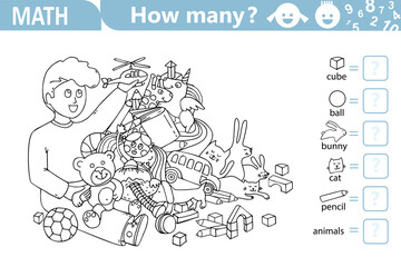 Counting math game for kids. Boy with Pile of Toys. Educational math puzzle. Coloring page. Count how many  hidden objects are in the picture and write the result. Sketch vector illustration