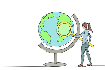 Single one line drawing of businesswoman stood holding the magnifier and inspected the globe. Map out good territory to create and develop new ventures. Continuous line design graphic illustration