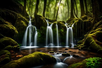 Fototapeta premium A secluded waterfall in the heart of a thick forest, its waters sparkling as they fall over moss-covered rocks, creating a peaceful, natural oasis