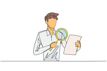 Single continuous line drawing young businessman holds a piece of paper and checks it with a magnifier. Businessman work with research analytics and statistic. One line design vector illustration