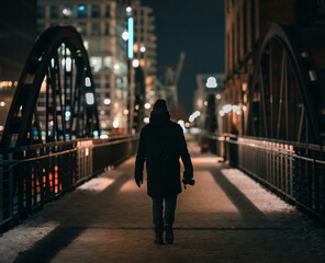 silhouette of a man with camera  walking in the night city