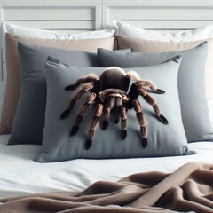 A large spider sits on a pillow on the bed. - obrazy, fototapety, plakaty