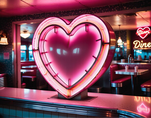 pink neon heart sign in a retro 50s diner