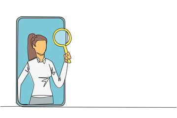Single continuous line drawing of businesswoman came out of the smartphone screen holding the magnifier. Utilizing internet technology on smartphones to promote business abroad. One line design vector
