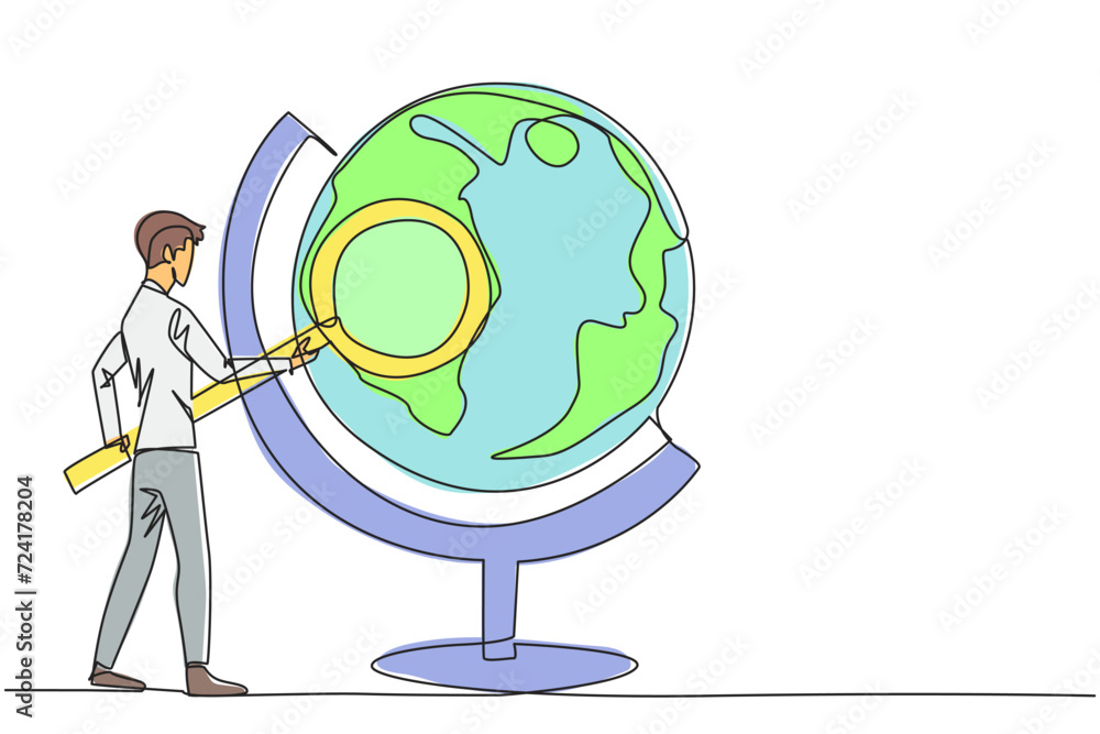 Poster single continuous line drawing young businessman stood holding the magnifier and inspected the globe