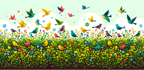 Lively Garden Scene with Stylized Birds in Diverse Hues and Flourishing Floral Growth - Concept of Nature's Vibrancy and Ecosystem Diversity