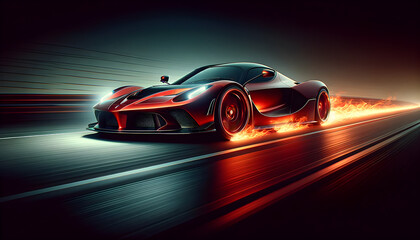 High-Speed Luxury Sports Car in Motion with Fiery Trail, Exuding Speed and Power - Concept of Luxury, Performance, and Exhilaration - obrazy, fototapety, plakaty