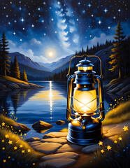 camping lantern on a lake at night