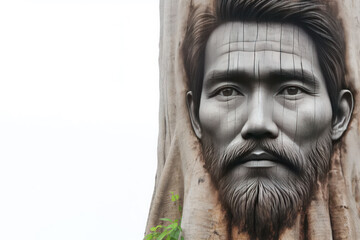 A man's face depicted on a tree trunk. Place for text.