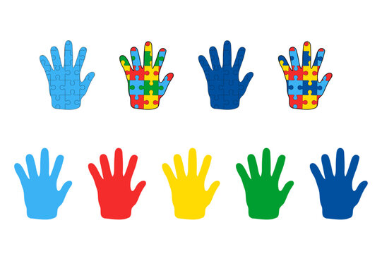 Vector colored children palms, palm made from puzzle pieces. Autism day awareness, children hand.