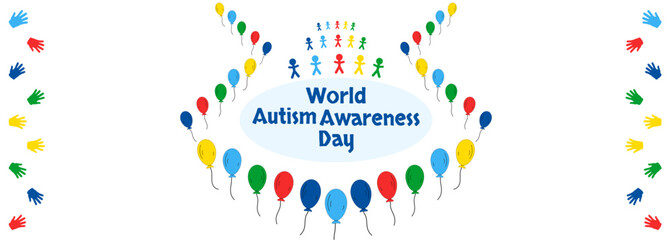Horizontal Border World Autism Awareness Day. Vector banner with color hands, balloons, people.