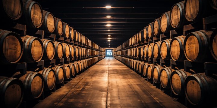 barrels with elite alcohol in the wine cellar