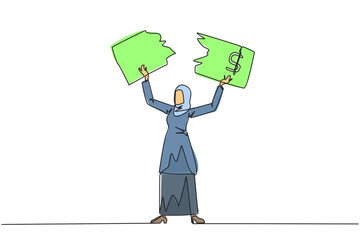 Continuous one line drawing Arabian businesswoman stood up tore off banknotes held above her head. Failed to invest, suffered a lot of losses. Business failure. Single line draw vector illustration