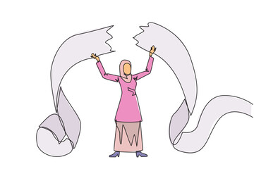 Single one line drawing Arabian businesswoman tore off billing paper held above her head. Failing to pay bills makes a businesswoman full of emotions. Failure. Continuous line graphic illustration