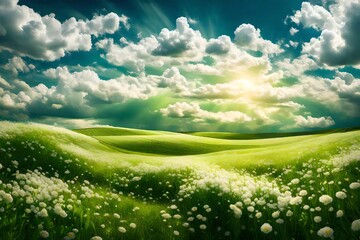 Obraz premium A sweeping panorama of a bright green field in springtime, the sky above adorned with billowing fluffy clouds, encapsulating the freshness of the season.