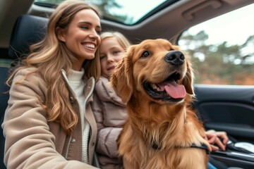 A content woman and young girl enjoy a scenic drive with their beloved furry companion, beaming with joy as they soak up the sunshine and feel the wind in their hair