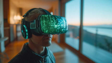 A man wearing virtual reality glasses standing in a modern luxury apartment. - obrazy, fototapety, plakaty