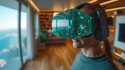 A woman wearing virtual reality glasses standing in a modern luxury apartment.